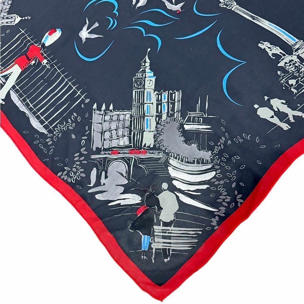 Lulu Guinness Silk Chiffon Scarf London Conture Themed Black Red Sheer 33x33" - Picture 8 of 15